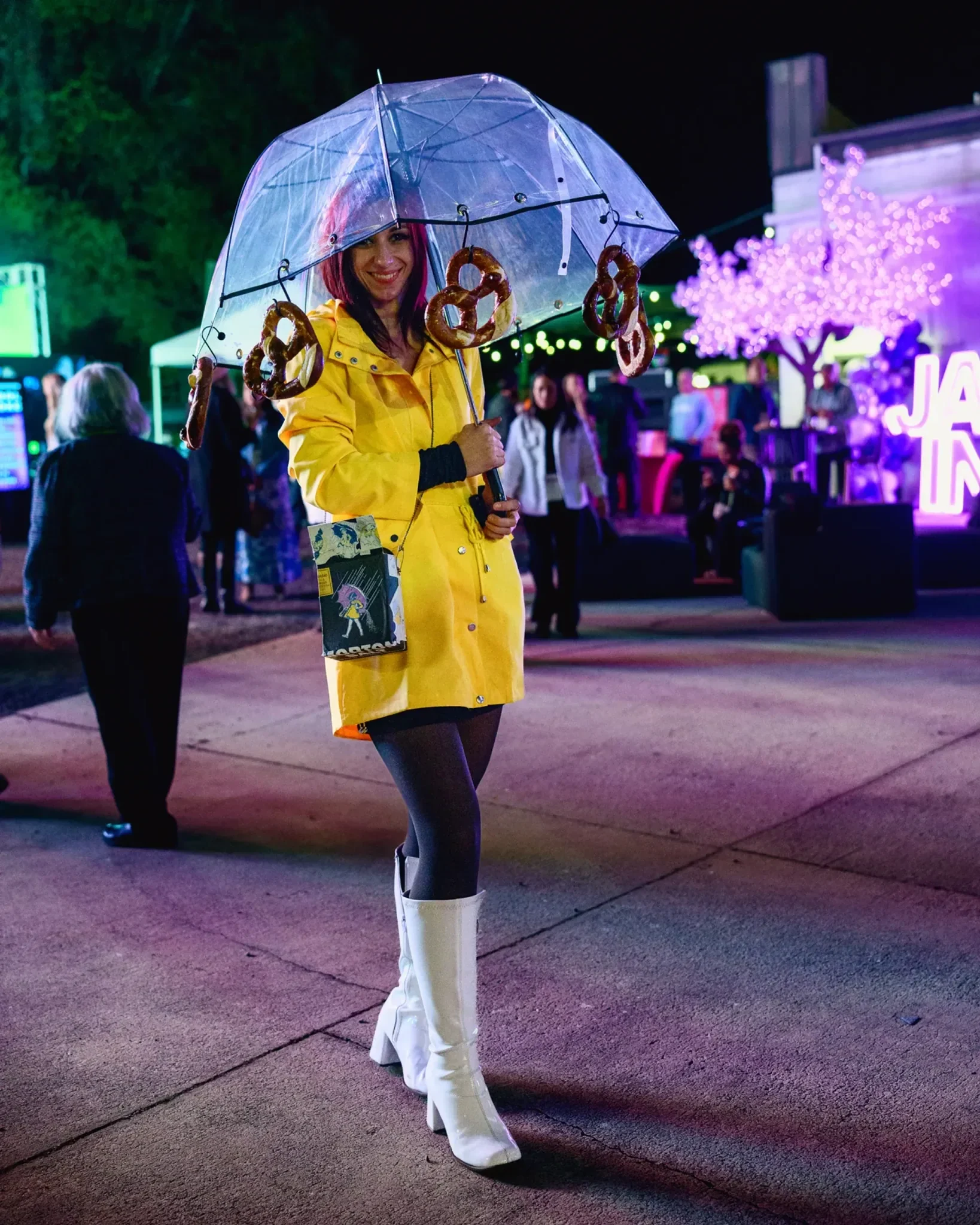 Morton Salt Girl activation with pretzels hanging from a bubble umbrella at the PRI industry event