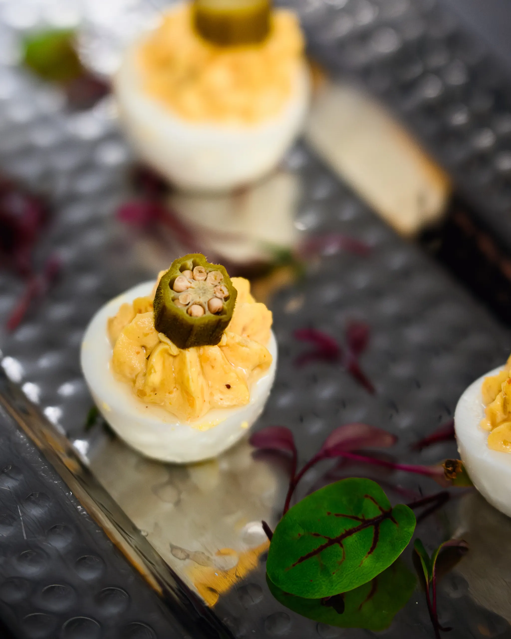 Deviled eggs with okra appetizer